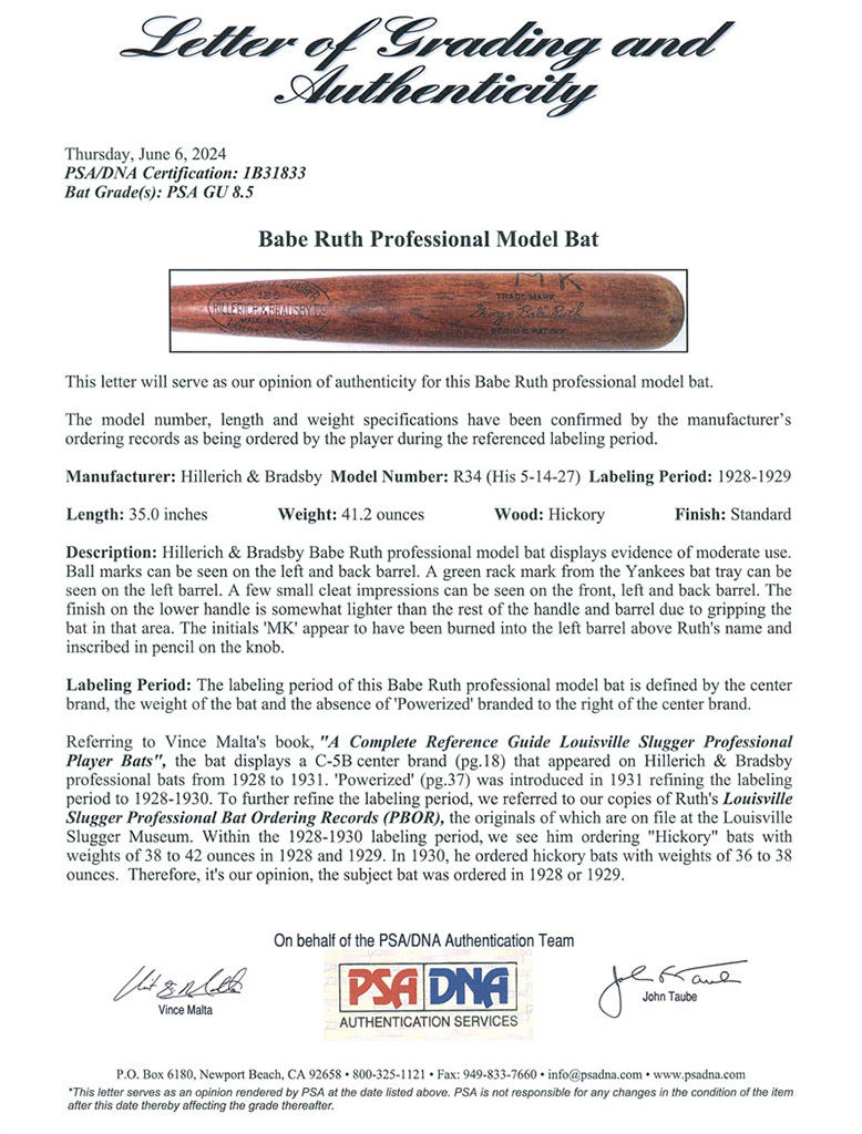 Lot 1 - Babe Ruth 1928-29 Game-Used Hillerich & Bradsby Louisville Slugger Bat